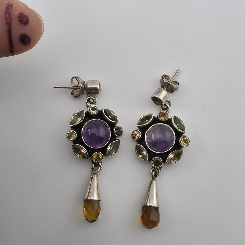 Vintage 925 Sterling Silver Amethyst Citrine Dangle Earrings Gemstone Drop Boho